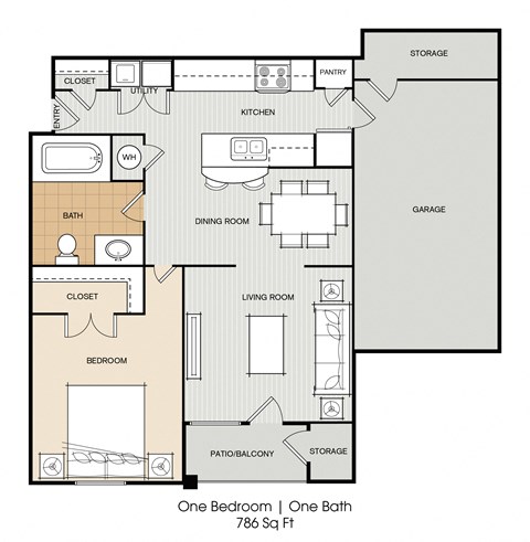 Floor plan for 1 bed, 1 bath, 786 sqft